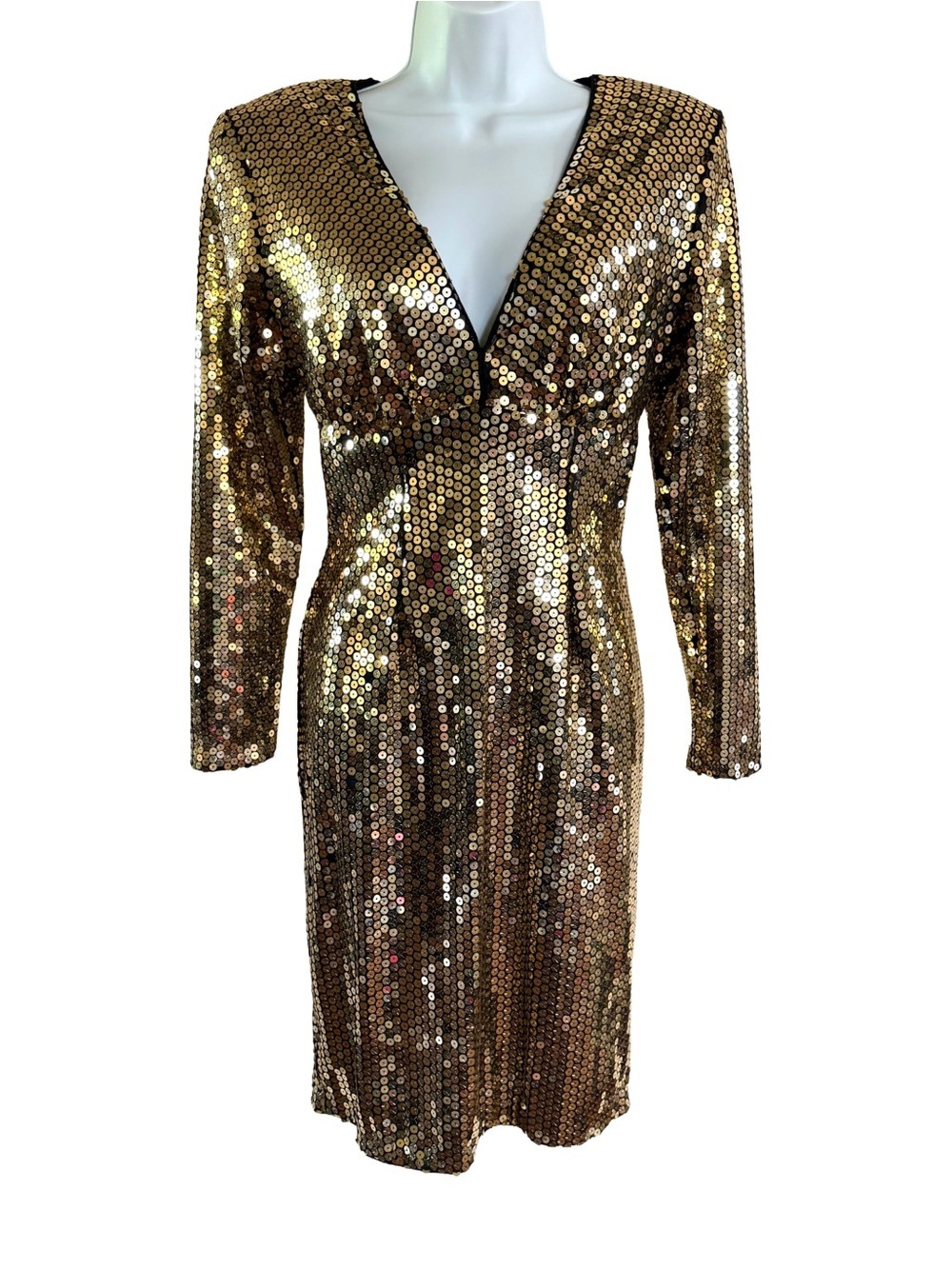 Vintage Lillie Rubin Gold Sequin Open Back Shoulder Pad Cocktail Dress USA 8
